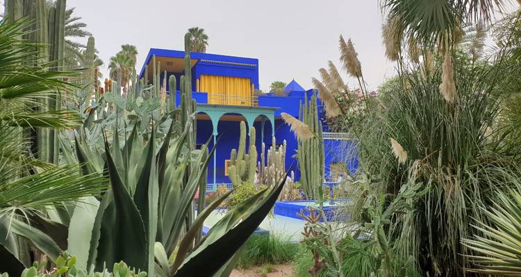 Weelderige tuin met blauw geschilderde villa en exotische planten.