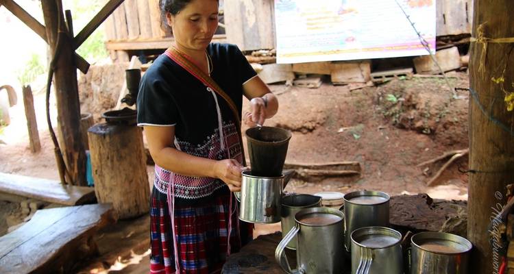 Mujer preparando bebidas en un entorno rústico.