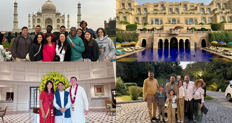 Collage de cuatro paneles mostrando grupos de turismo en el Taj Mahal, piscina de hotel de lujo, ceremonia elegante en el lobby, y foto familiar.