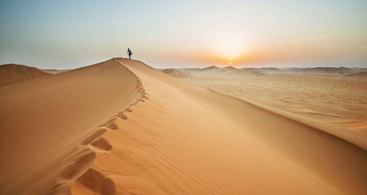 Persona de pie en una duna de arena durante la puesta de sol en un desierto.