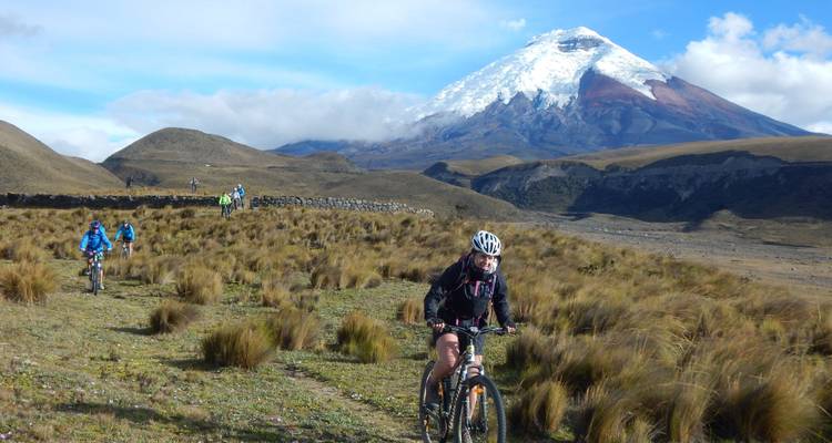 Cyclists riding through grasslands with a snow-capped mountain in the background.