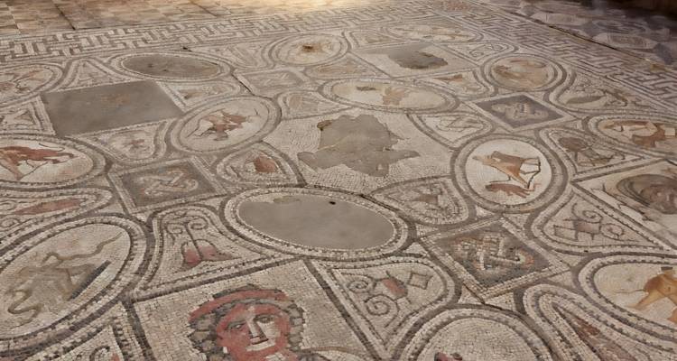 Sol en mosaïque romaine antique avec des scènes d'animaux et mythologiques détaillées.