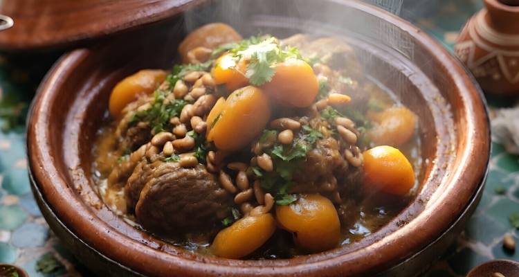 Gros plan d'un tajine marocain fumant avec abricots, pignons de pin et herbes dans un plat en terre cuite.