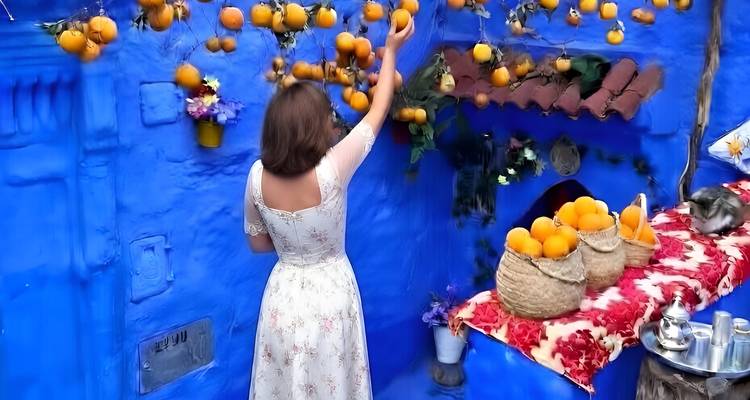 Femme en robe blanche à motifs floraux tendant la main vers des oranges suspendues contre un mur bleu vif de Chefchaouen.