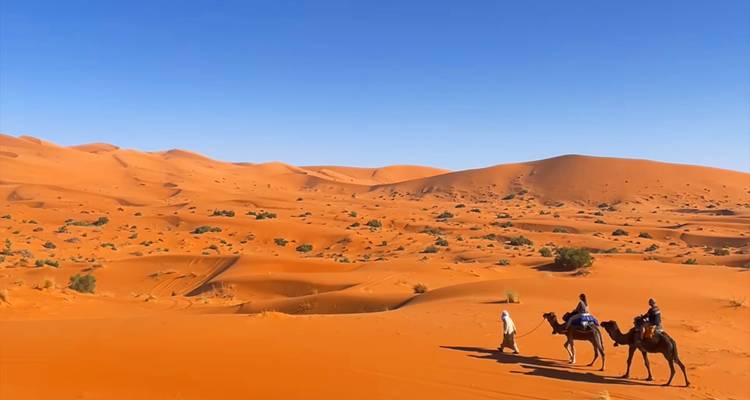Drie kameelruiters reizen door een brede oranje woestijn onder een levendige blauwe hemel.