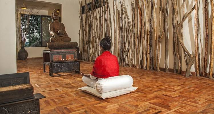 Person meditating in a room with a Buddha statue and wooden decor.