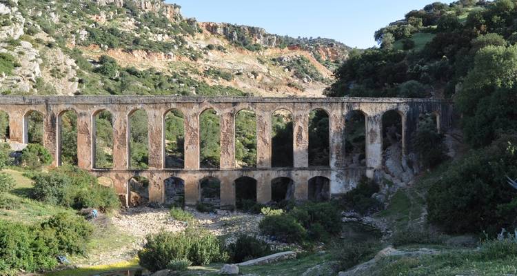 Eine lange Steinbrücke mit mehreren Bögen, die sich über ein Tal erstreckt.