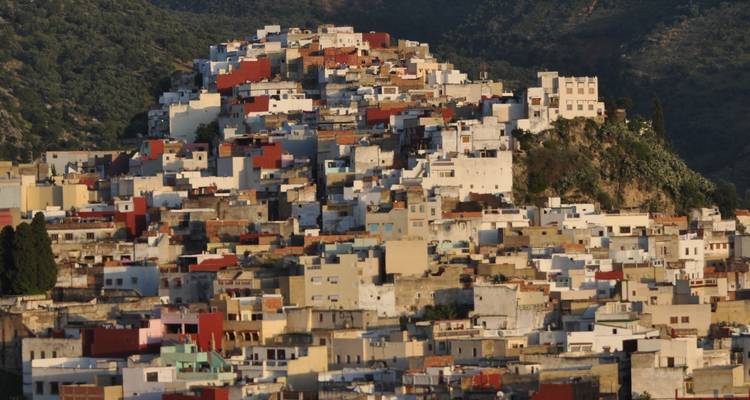 Eine erhöhte Ansicht einer Hangstadt mit bunten Gebäuden, umgeben von Grün.