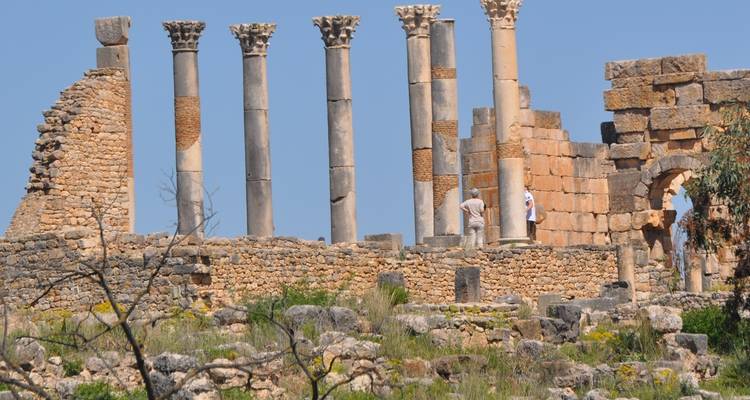 Antike römische Ruinen mit Säulen und Mauern in Volubilis, Marokko.