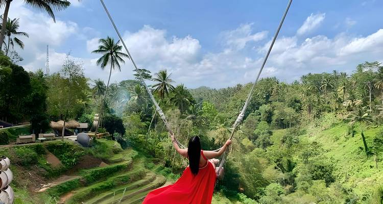 Mujer en un columpio sobre terrazas verdes y exuberantes.