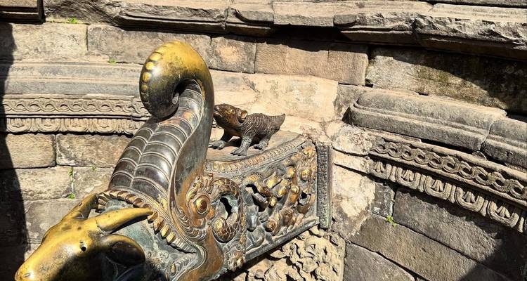 Nahaufnahme von Steinreliefs an einem antiken Brunnen.