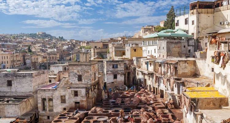 Tanneries traditionnelles en cuir avec plusieurs fosses de teinture et de vieux bâtiments en arrière-plan.