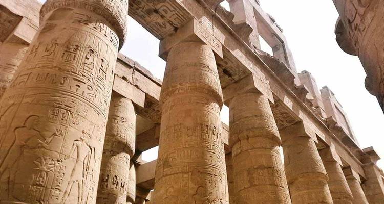 Close-up of temple columns with hieroglyphs.