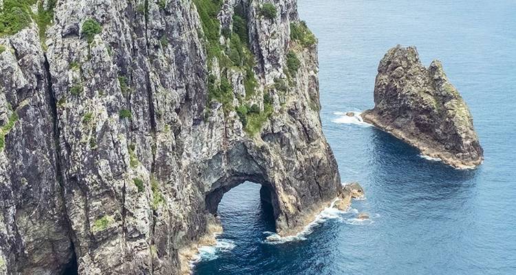 Sheer coastal cliffs with natural arch rising from turquoise sea in the Bay of Islands.
