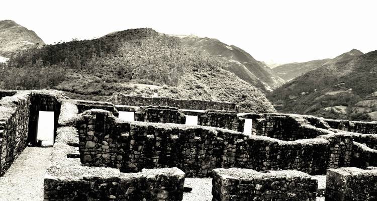 Ruïnes met bergachtige achtergrond in een monochrome stijl.