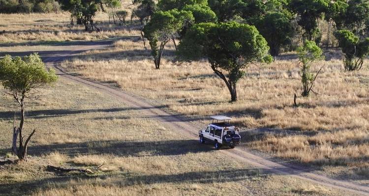 Vehículo de safari en un camino de tierra entre llanuras cubiertas de hierba y árboles.