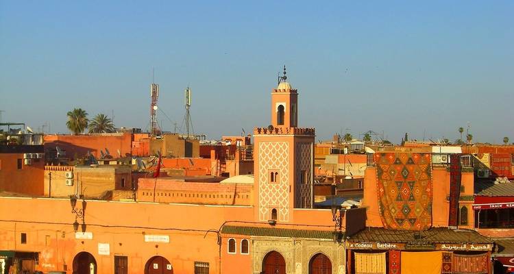 Vue depuis un toit de Marrakech avec des bâtiments rouges et une mosquée.