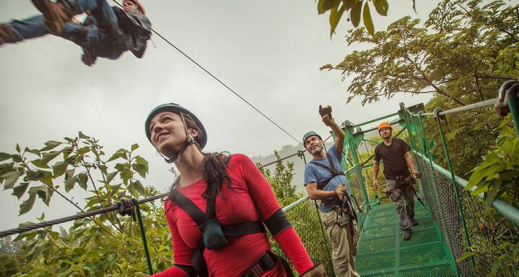 Los aventureros con casco cruzan un puente de dosel verde mientras un compañero se desliza sobre sus cabezas en el bosque nuboso.