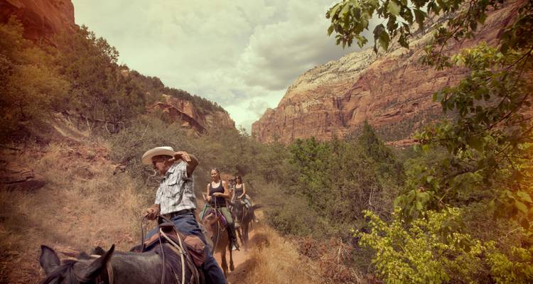 Les cavaliers naviguant le long d'un sentier de canyon escarpé sous des cieux dramatiques