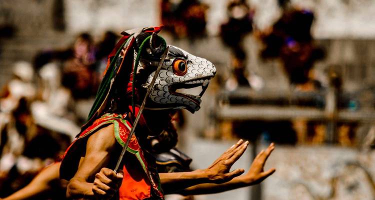 Person in a dragon mask performing in a festival.