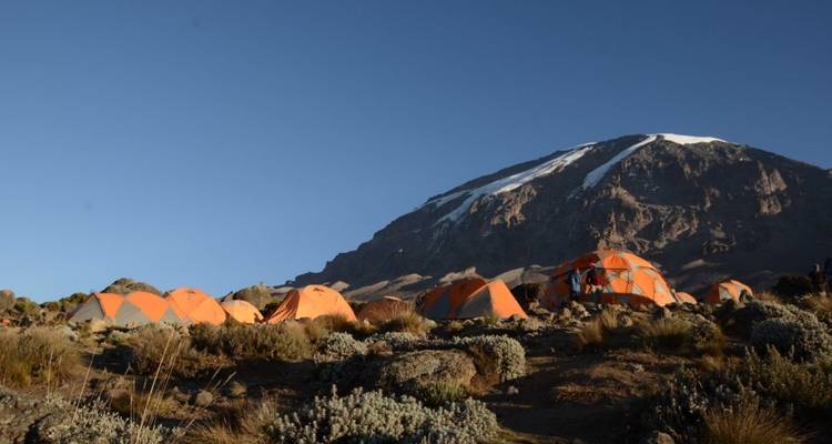 Orange camping tents set at the base of a mountain.