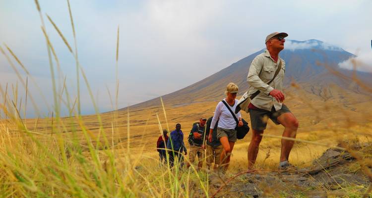 Group of hikers walking along a grassy trail with a mountain in the background.