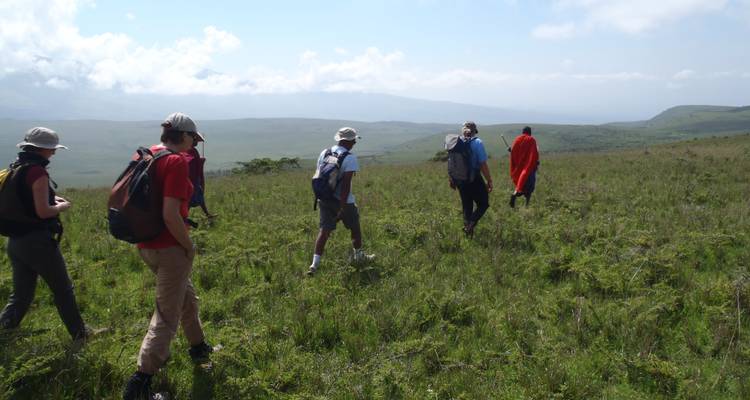 Group of hikers walking across a wide grassland with mountains in the distance.