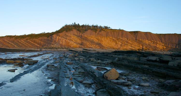 Littoral côtier sauvage aux falaises de grès strié qui rayonnent sous une lumière rasante