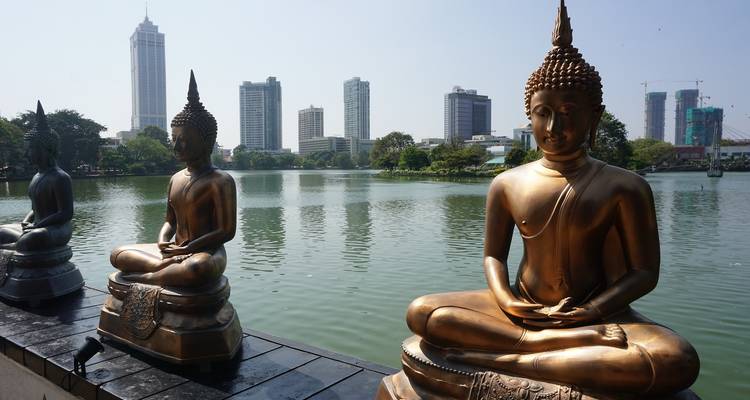 Estatuas doradas de Buda con un paisaje urbano de fondo cerca de un lago.
