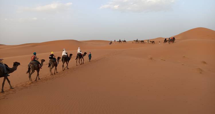 Longue caravane de chameaux avec des cavaliers traversant le désert.