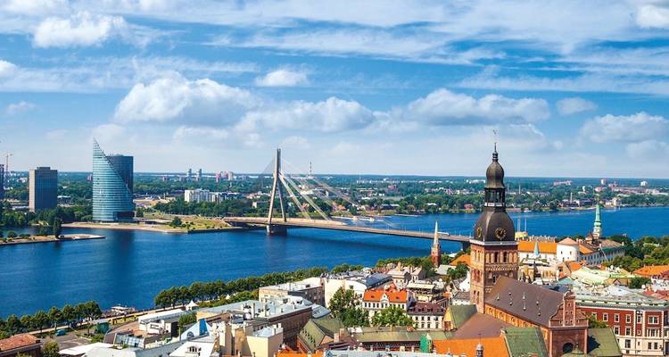 A panoramic view of Riga with its iconic bridges and buildings.