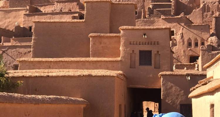 Traditional earthen buildings against a sunny backdrop.