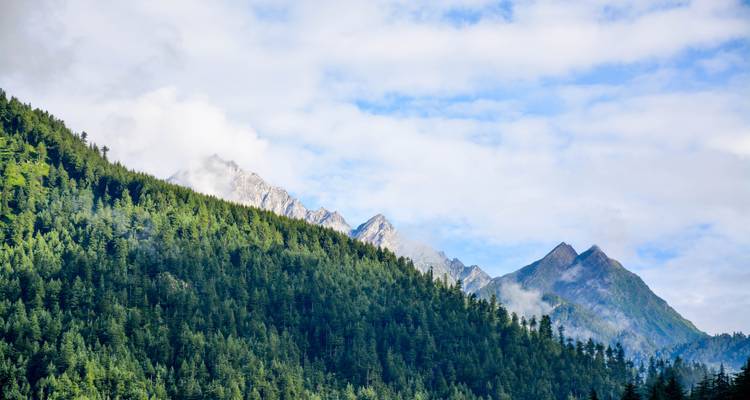 Mountain range with lush green forest under a blue sky with clouds.