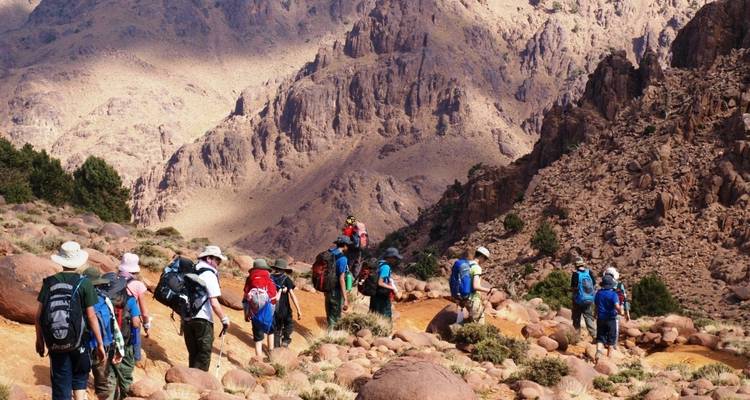 Group of hikers walking along a mountain path
