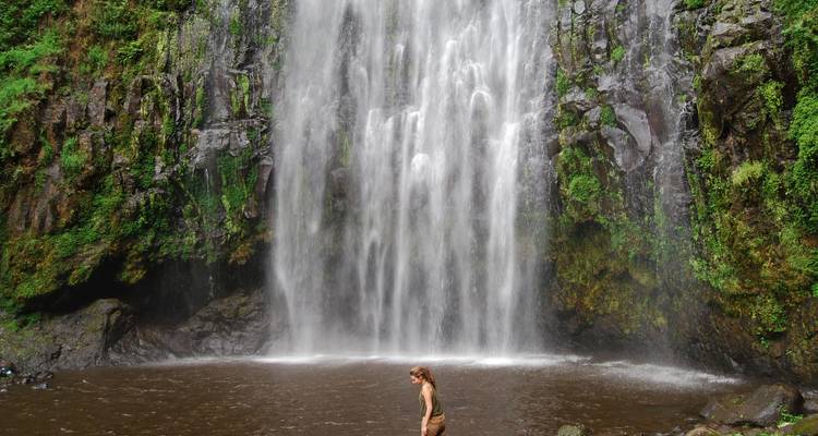 Person in der Nähe eines großen Wasserfalls, umgeben von Grün.