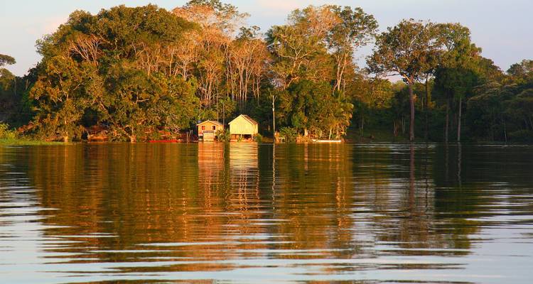 Maisons rustiques à la lisière d'une forêt luxuriante au bord d'un lac.