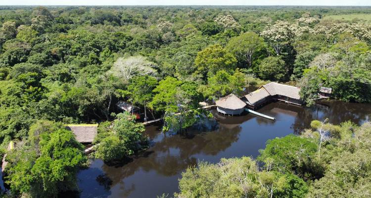 Luftaufnahme von Öko-Lodge-Hütten, die über einem spiegelnden Fluss errichtet wurden und von dichtem Amazonas-Regenwald in der Nähe von Rurrenabaque umgeben sind