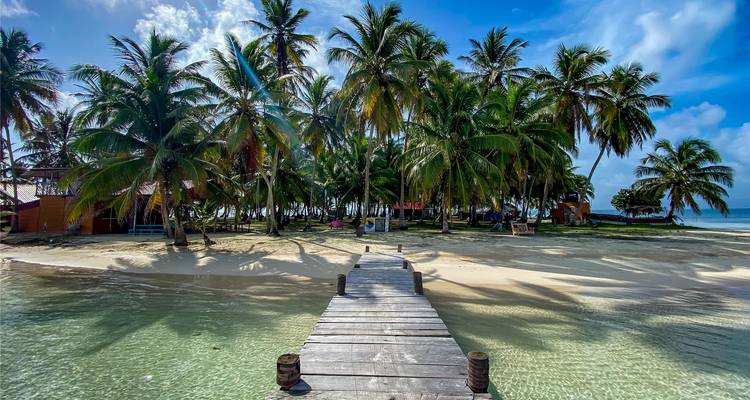 "Jetée menant à une île tropicale avec des palmiers."