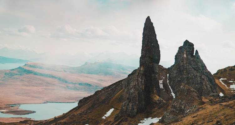 Dramatic rock formations in the Isle of Skye landscape.