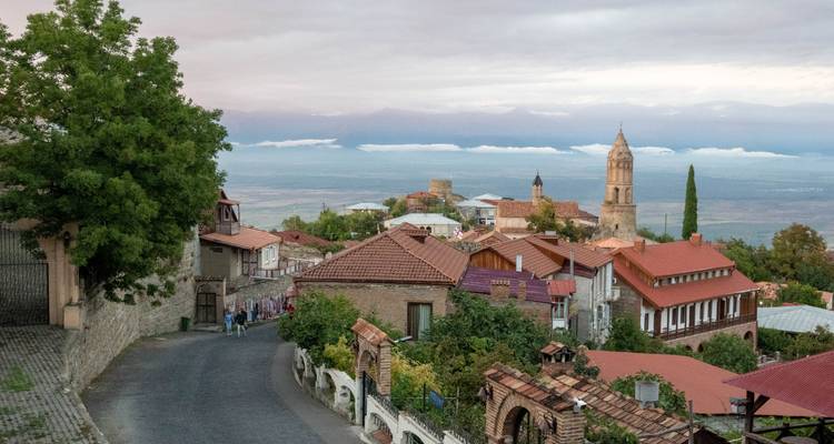Charming village street with scenic mountain backdrop.