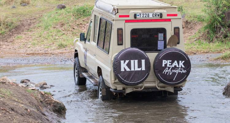 Ein Safari 4x4 durchquert einen flachen Fluss mit Ersatzreifenabdeckungen, auf denen "Kili Peak Adventure" zu lesen ist.