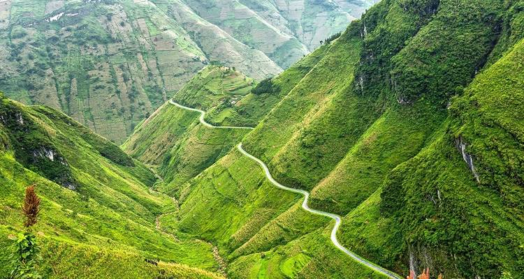 Tiefgrüne Schlucht mit einer serpentinenartigen Straße, die sich durch steile terrassierte Hänge windet