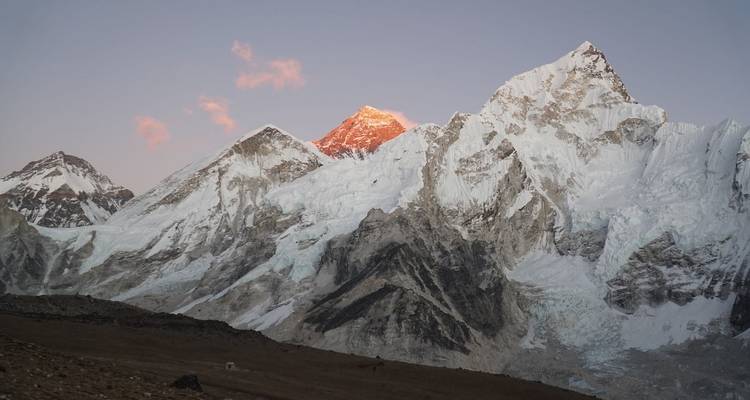 Close-up view of the snow-covered Himalayan peaks at dawn.