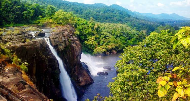 Waterval in een weelderig boslandschap.