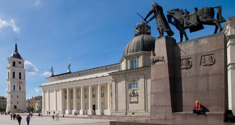 Geräumiger Kathedralenplatz in Vilnius mit klassischer weißer Basilika, Glockenturm und Reiterstandbild