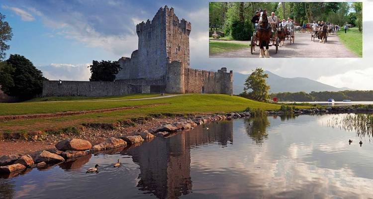 Le château de Ross se reflète dans un lac immobile tandis que des calèches avec des visiteurs parcourent une allée feuillue dans une image en médaillon.