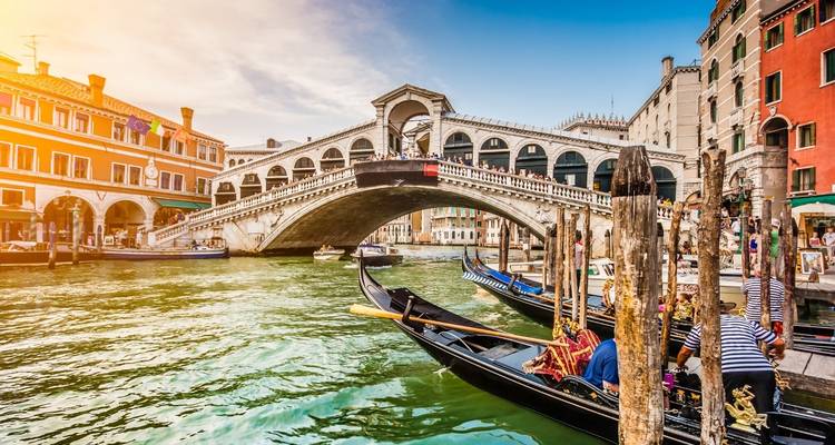 Les gondoles de jour et les bâtiments vibrants à côté du pont du Rialto à Venise.