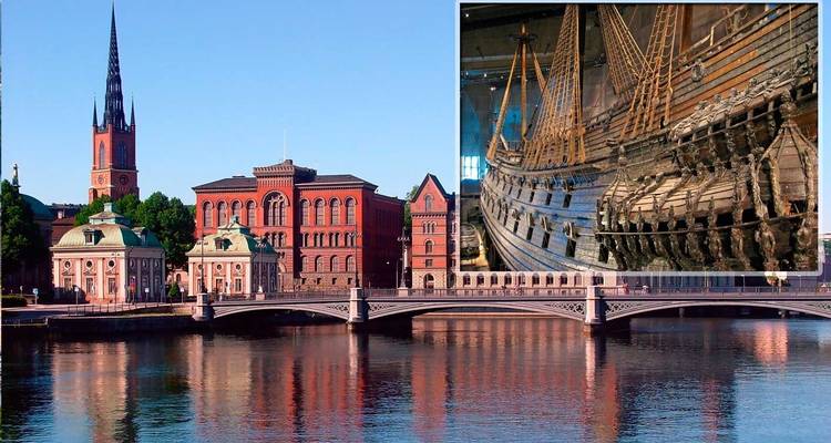 Front de mer de Stockholm avec clocher d'église et image en médaillon du navire historique Vasa.