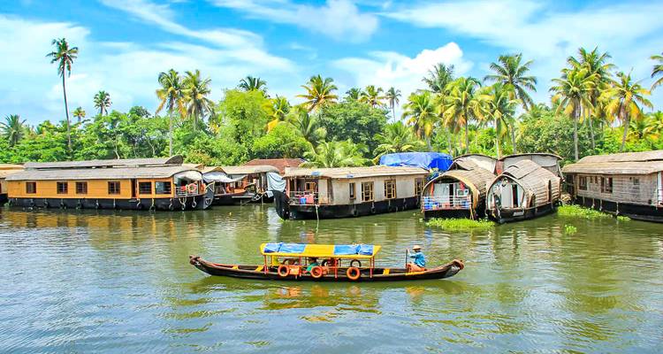 Une vue pittoresque des bateaux-maisons sur la voie navigable à Alleppey.