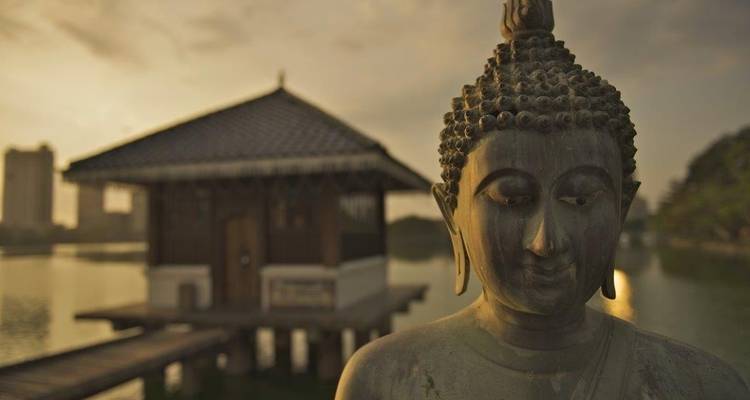 Gros plan d'une statue de Bouddha sereine au bord d'un lac avec un pavillon.